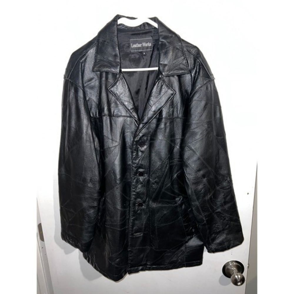 Leather Works Mens Medium Black Genuine Leather Patchwork Button Front Jacket